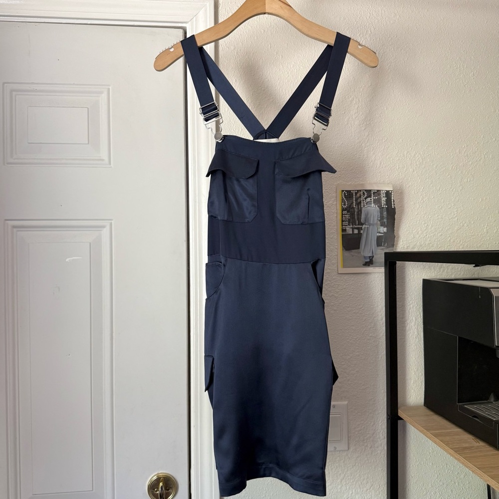 FLEUR DU MAL blue silk cargo‎ pocket utility sleeveless overall mini dress